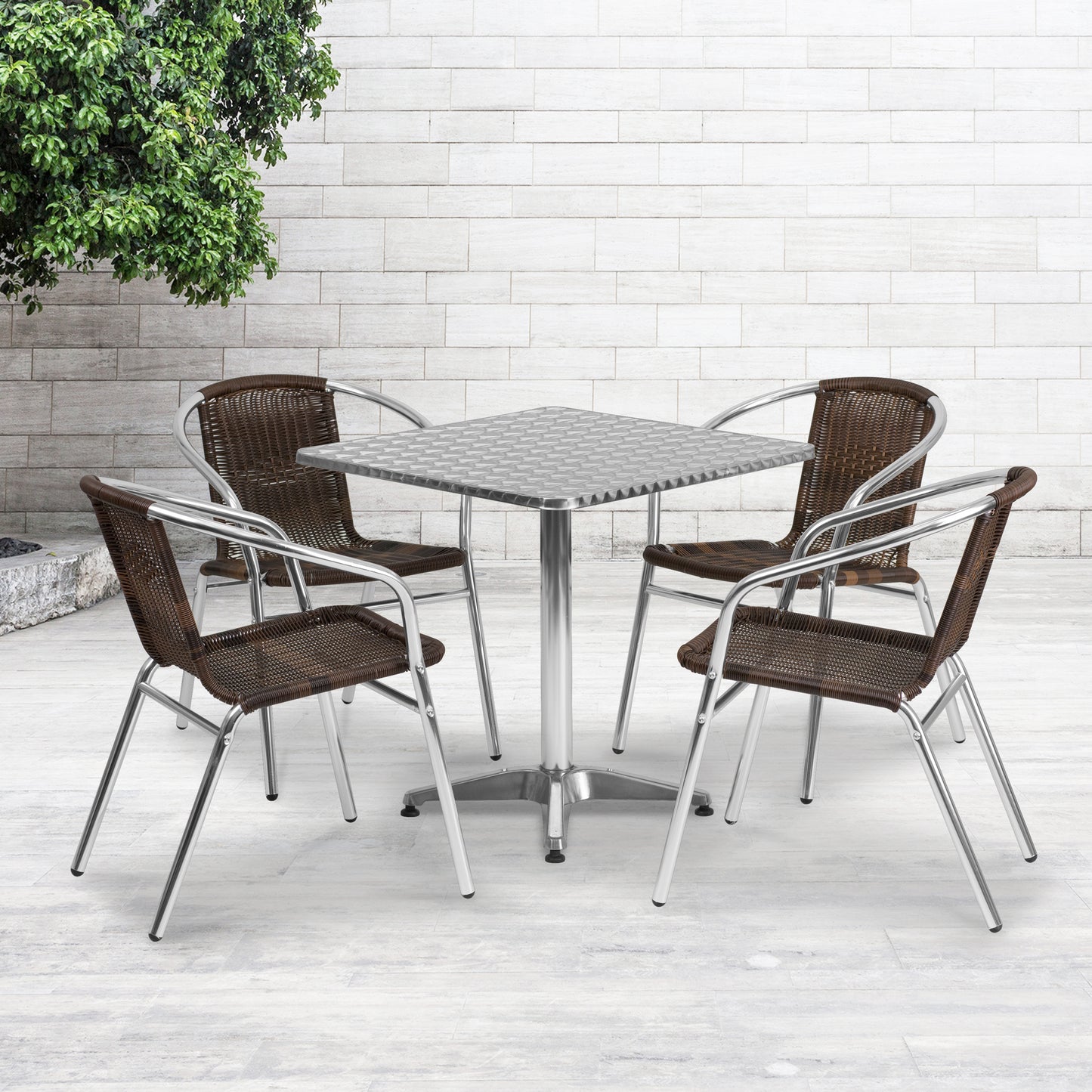 Lila 27.5'' Square Aluminum Indoor-Outdoor Table Set with 4 Dark Brown Rattan Chairs Dark Brown