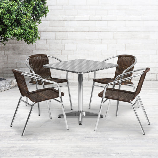 Lila 27.5'' Square Aluminum Indoor-Outdoor Table Set with 4 Dark Brown Rattan Chairs Dark Brown