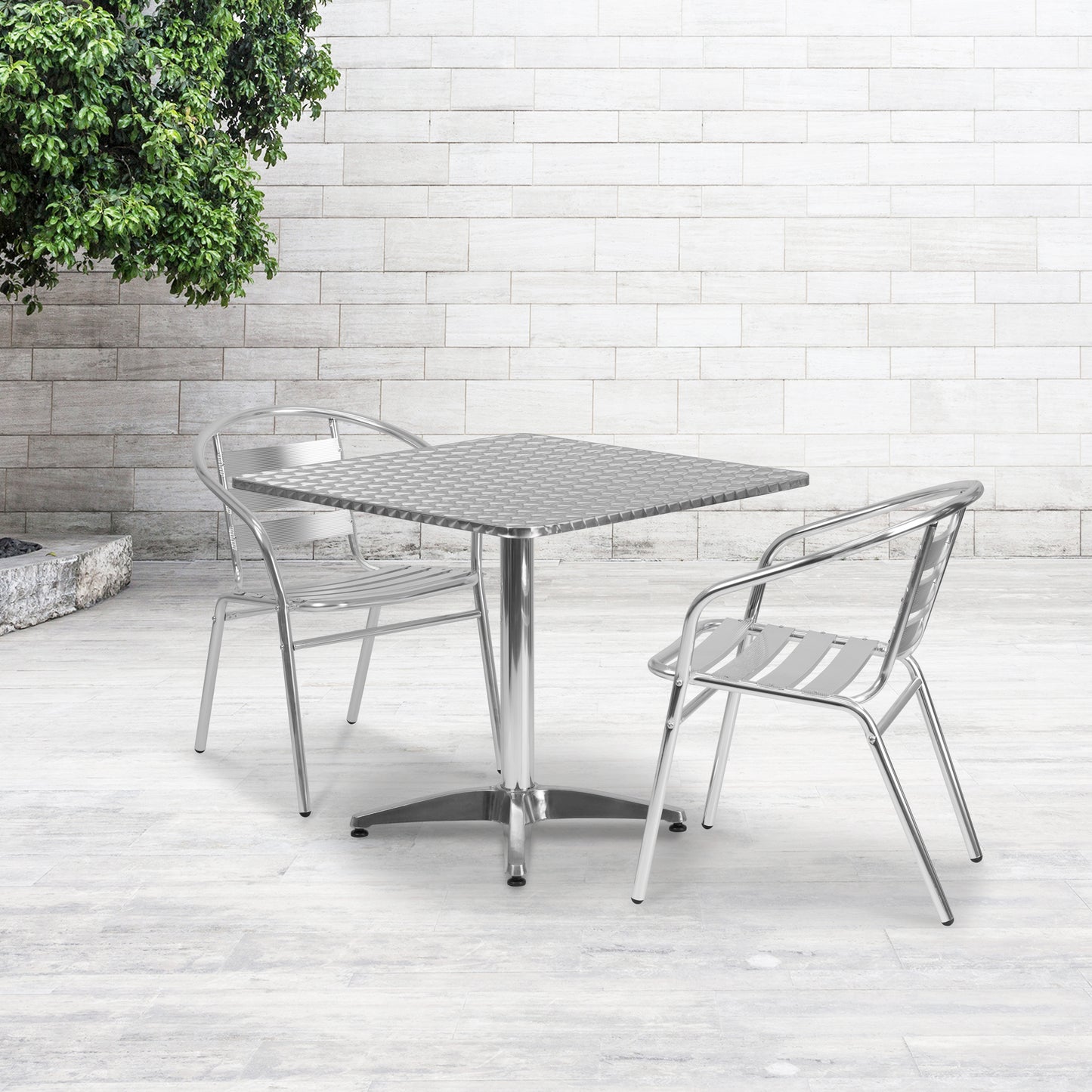 Lila 31.5'' Square Aluminum Indoor-Outdoor Table Set with 2 Slat Back Chairs Aluminum