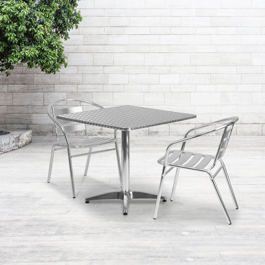 Lila 31.5'' Square Aluminum Indoor-Outdoor Table Set with 2 Slat Back Chairs Aluminum