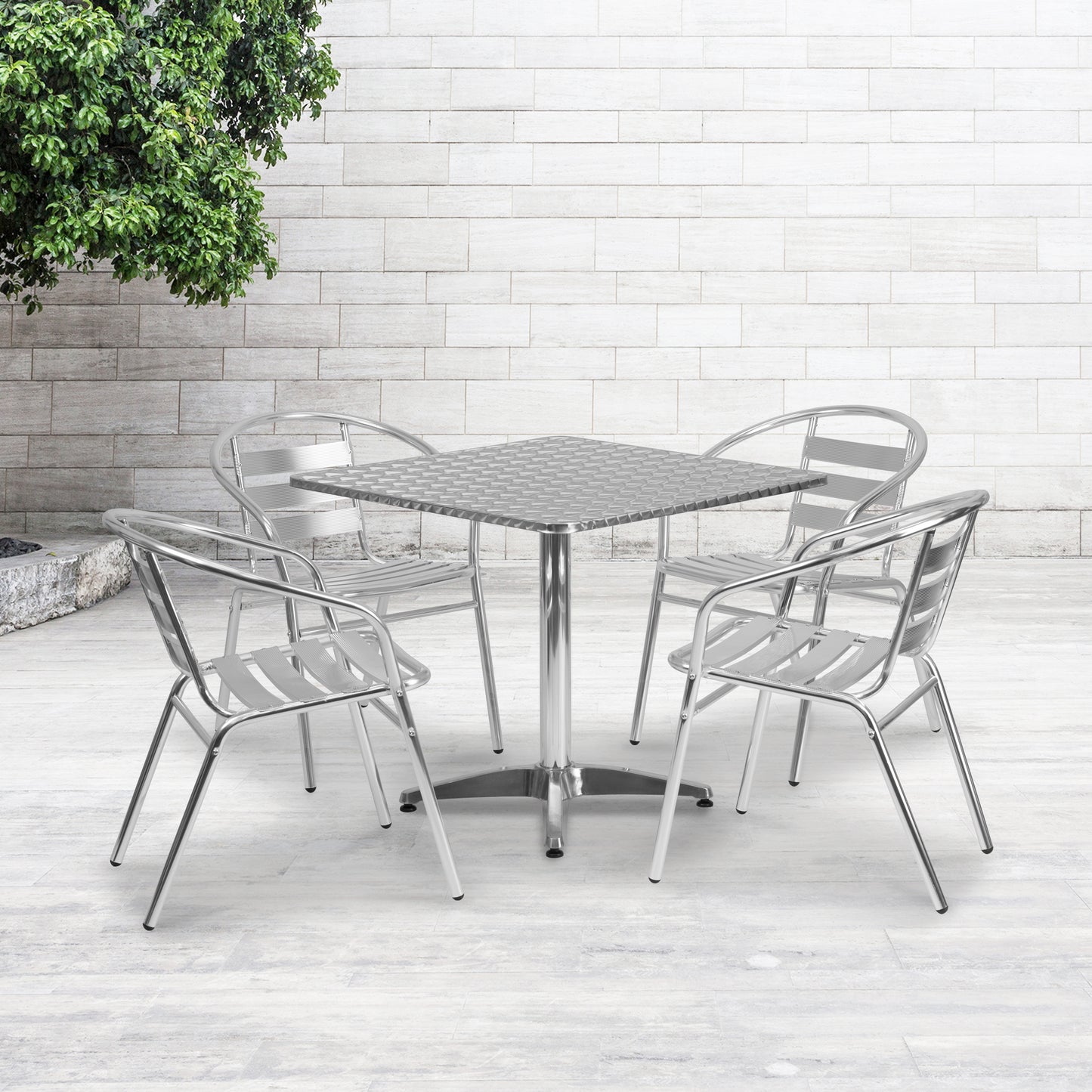 Lila 31.5'' Square Aluminum Indoor-Outdoor Table Set with 4 Slat Back Chairs Aluminum