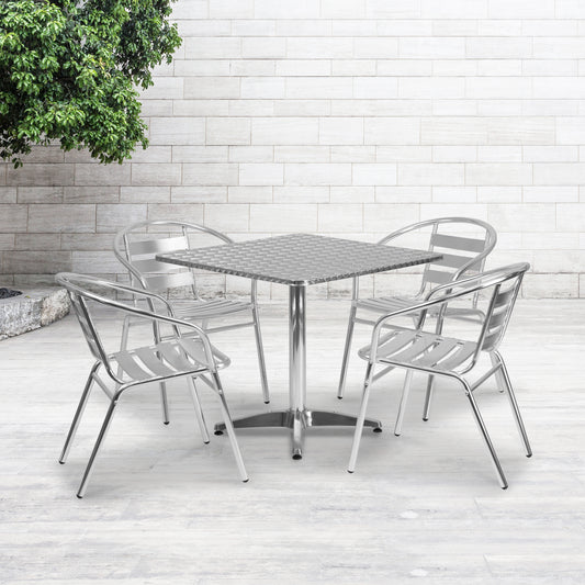 Lila 31.5'' Square Aluminum Indoor-Outdoor Table Set with 4 Slat Back Chairs Aluminum
