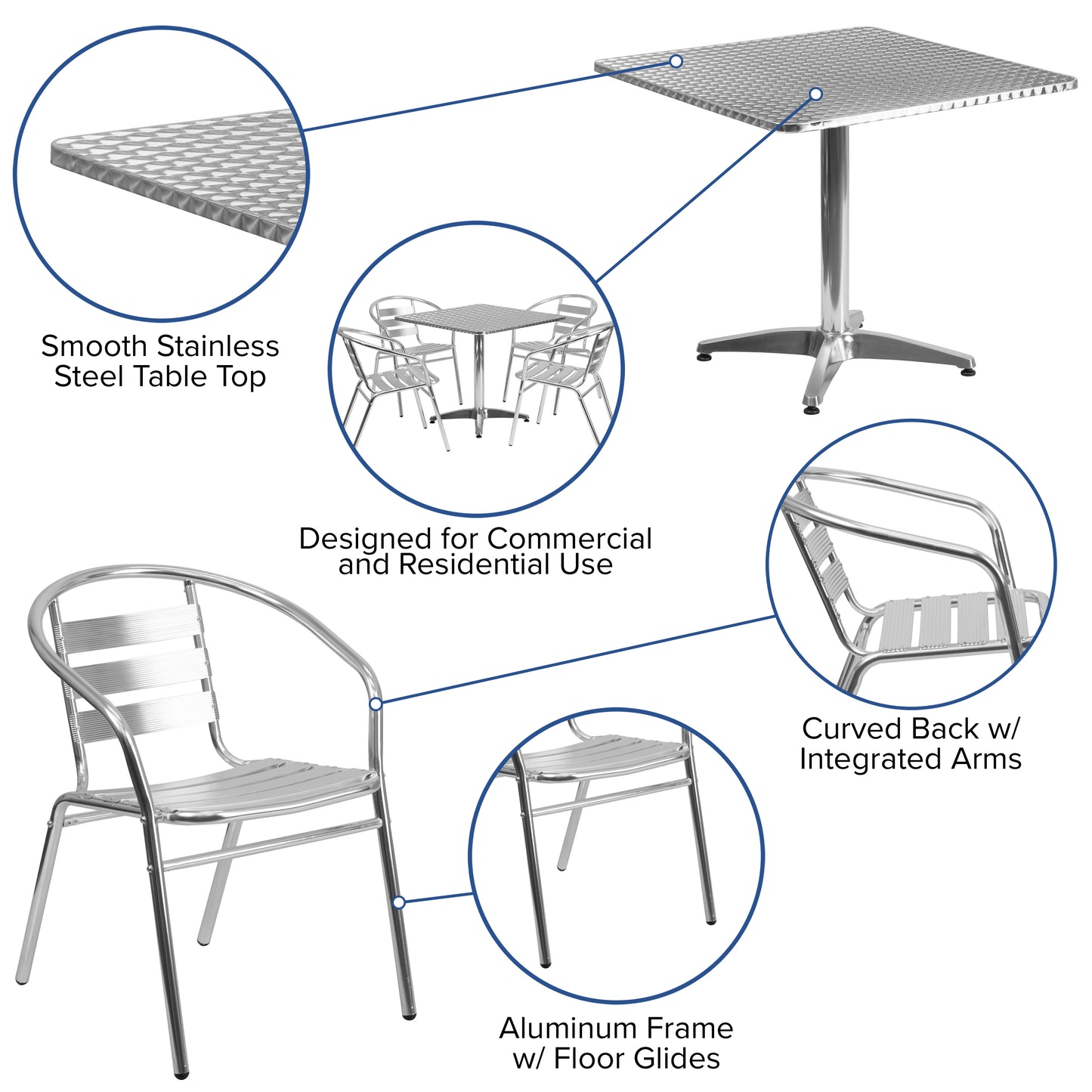 Lila 31.5'' Square Aluminum Indoor-Outdoor Table Set with 4 Slat Back Chairs Aluminum