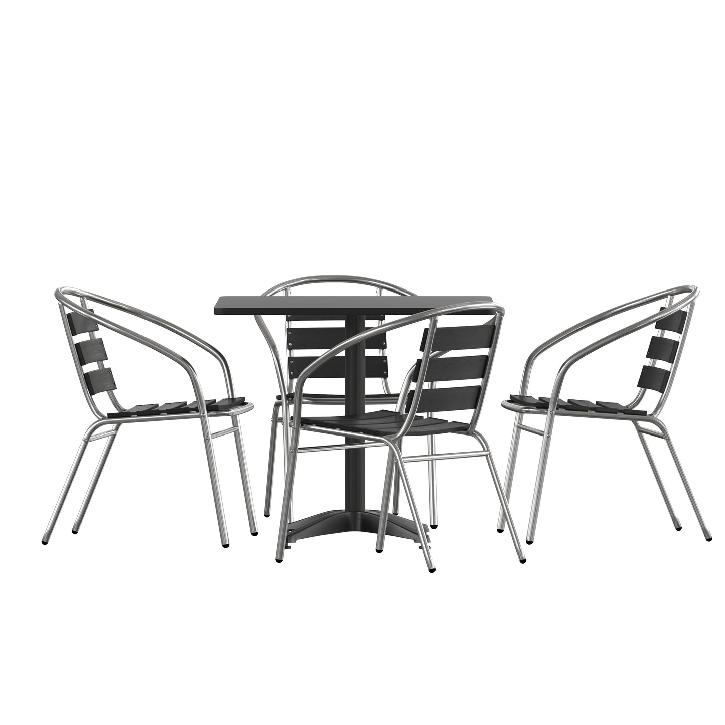 Lila 31.5'' Black Square Aluminum Indoor-Outdoor Table Set with 4 Black Slat Back Chairs Black