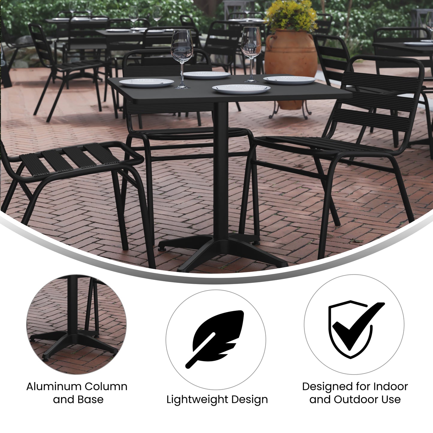 Lila 31.5'' Black Square Aluminum Indoor-Outdoor Table Set with 4 Black Slat Back Chairs Black