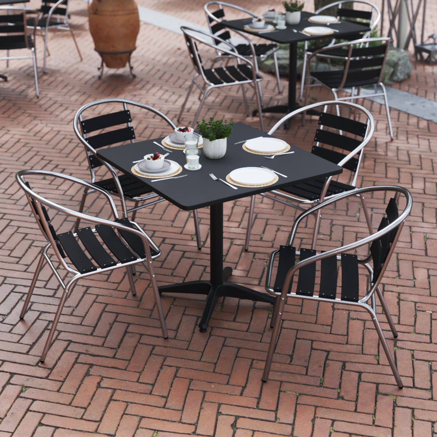 Lila 31.5'' Black Square Aluminum Indoor-Outdoor Table Set with 4 Black Slat Back Chairs Black