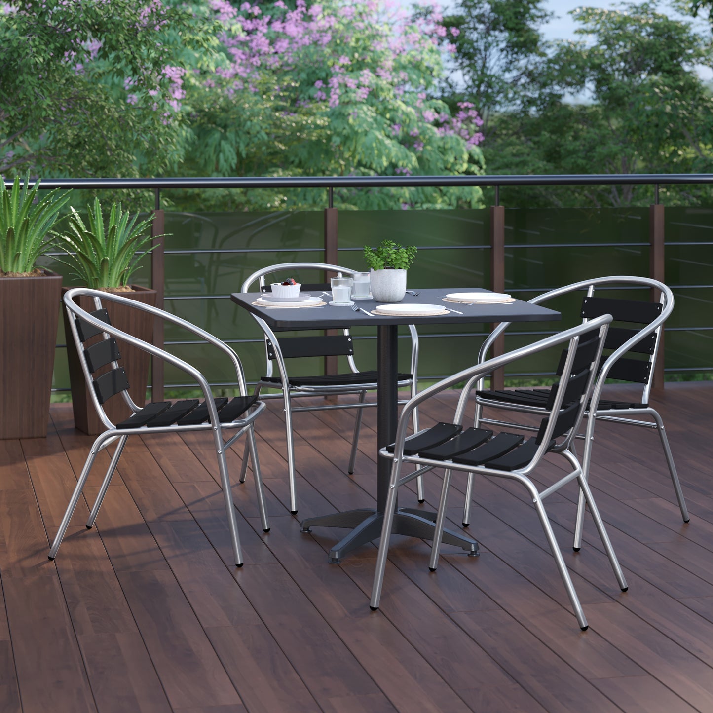 Lila 31.5'' Black Square Aluminum Indoor-Outdoor Table Set with 4 Black Slat Back Chairs Black