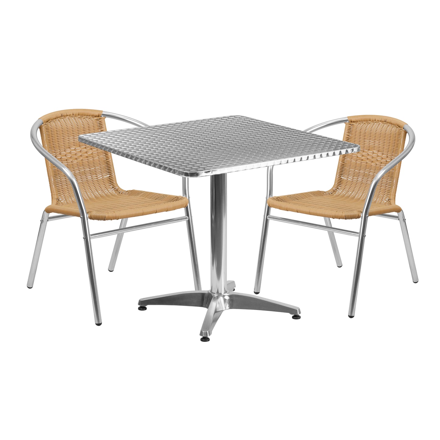 Lila 31.5'' Square Aluminum Indoor-Outdoor Table Set with 2 Beige Rattan Chairs Beige