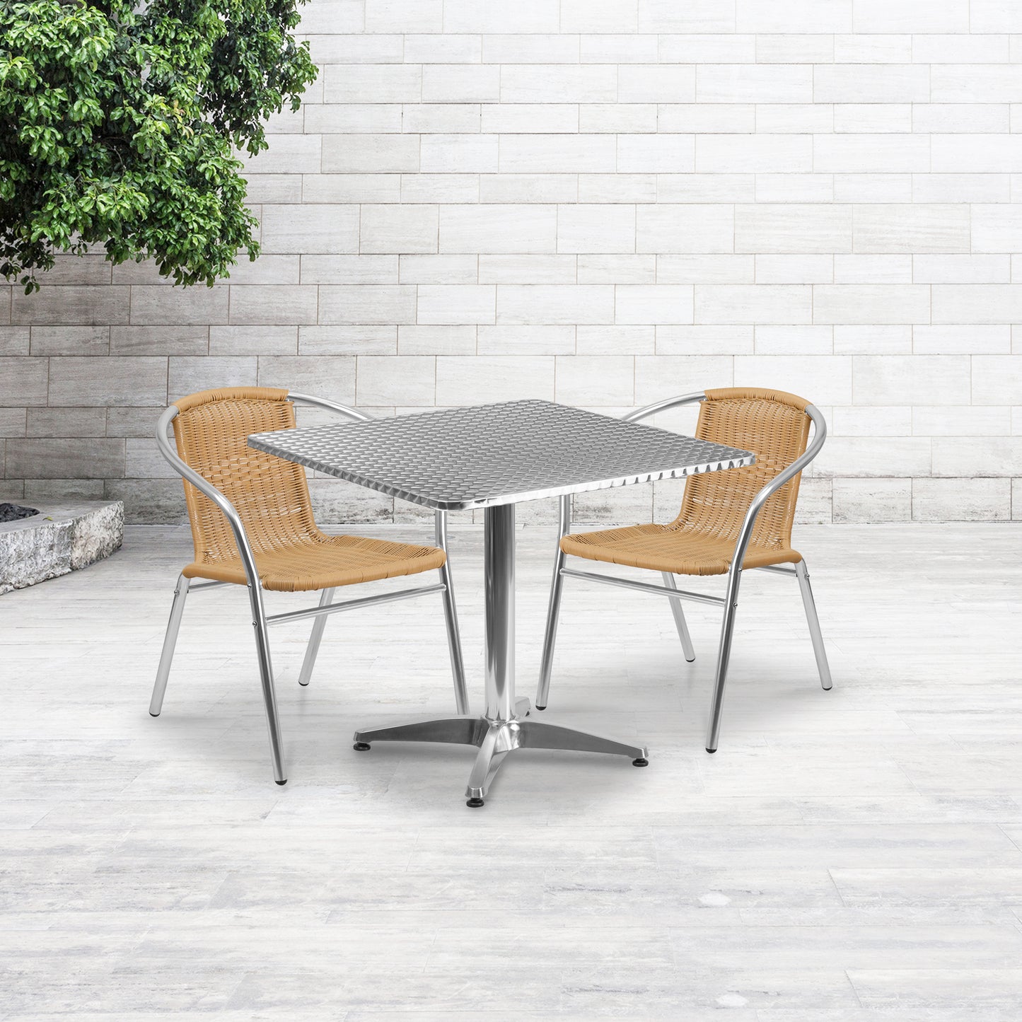 Lila 31.5'' Square Aluminum Indoor-Outdoor Table Set with 2 Beige Rattan Chairs Beige