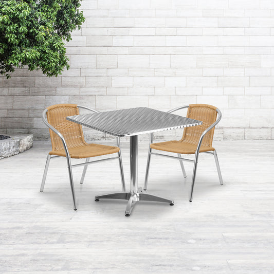 Lila 31.5'' Square Aluminum Indoor-Outdoor Table Set with 2 Beige Rattan Chairs Beige