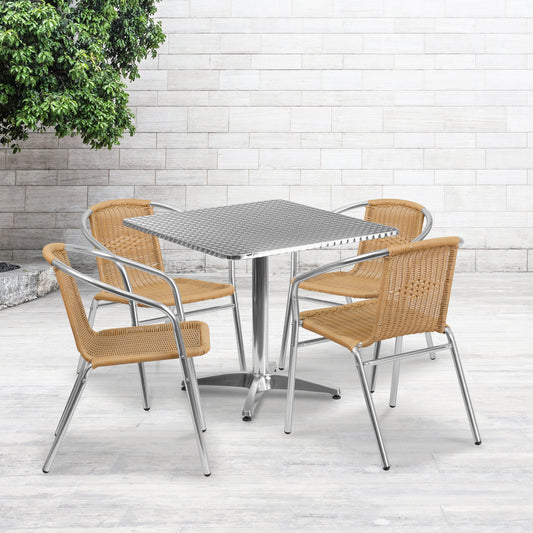 Lila 31.5'' Square Aluminum Indoor-Outdoor Table Set with 4 Beige Rattan Chairs Beige