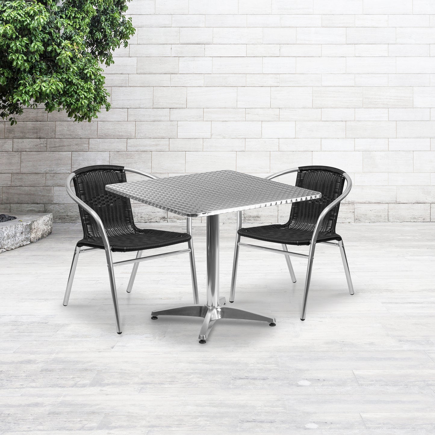 Lila 31.5'' Square Aluminum Indoor-Outdoor Table Set with 2 Black Rattan Chairs Black