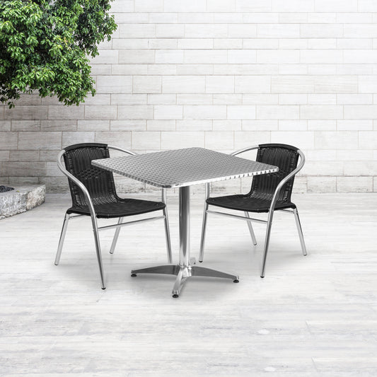 Lila 31.5'' Square Aluminum Indoor-Outdoor Table Set with 2 Black Rattan Chairs Black