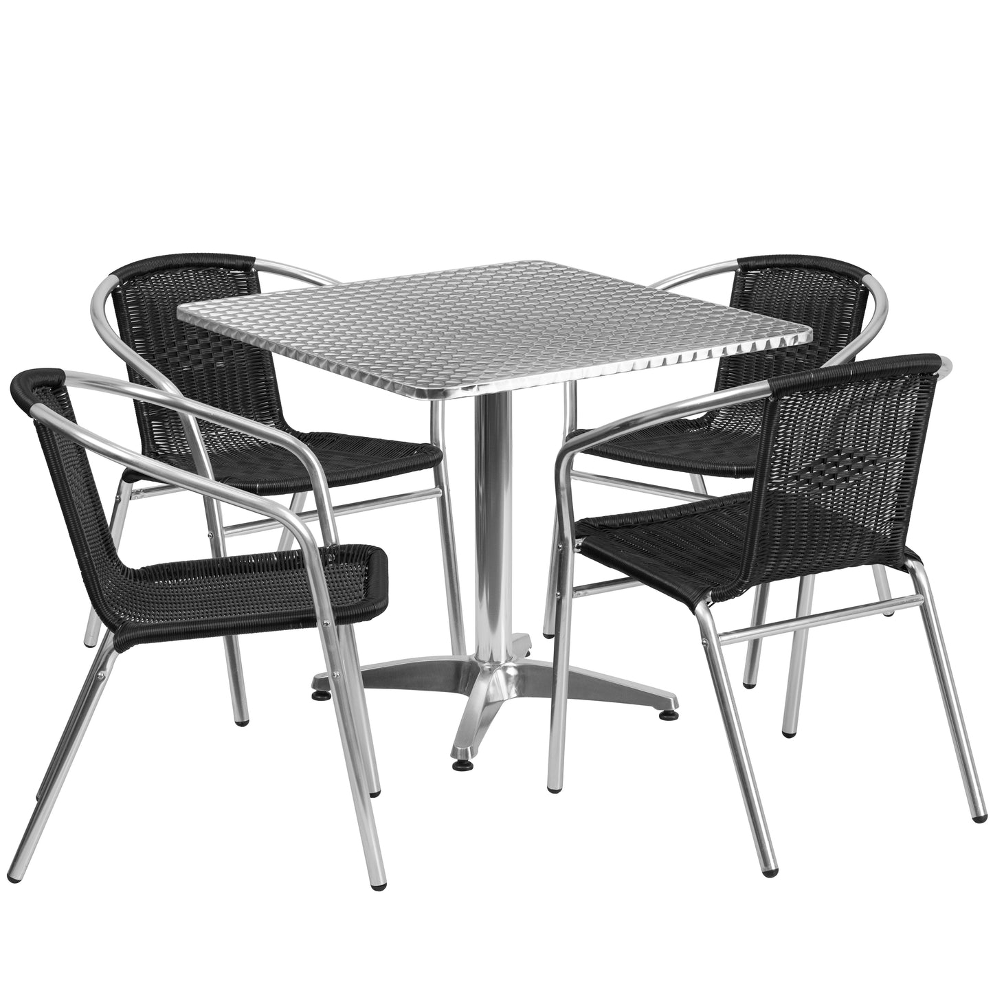 Lila 31.5'' Square Aluminum Indoor-Outdoor Table Set with 4 Black Rattan Chairs Black