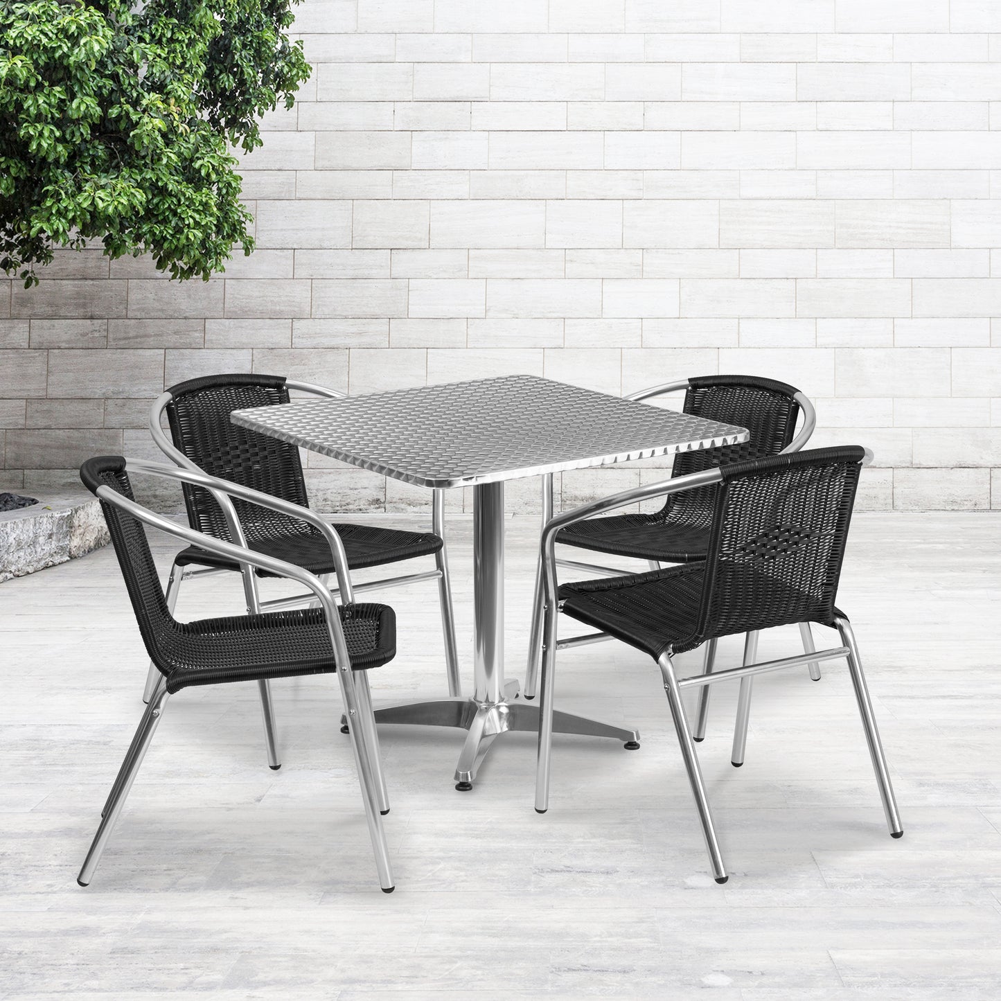 Lila 31.5'' Square Aluminum Indoor-Outdoor Table Set with 4 Black Rattan Chairs Black
