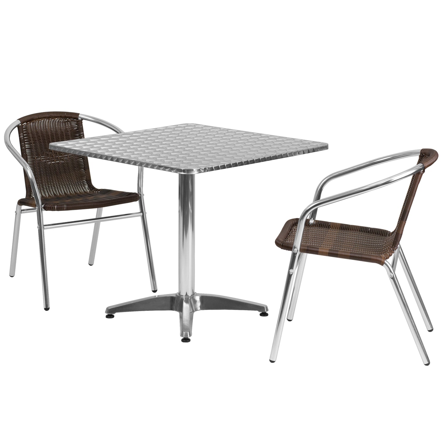 Lila 31.5'' Square Aluminum Indoor-Outdoor Table Set with 2 Dark Brown Rattan Chairs Dark Brown