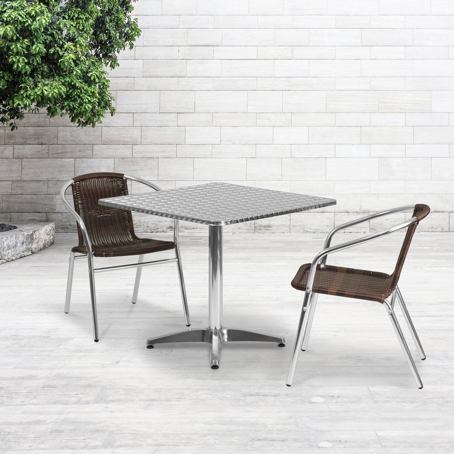 Lila 31.5'' Square Aluminum Indoor-Outdoor Table Set with 2 Dark Brown Rattan Chairs Dark Brown