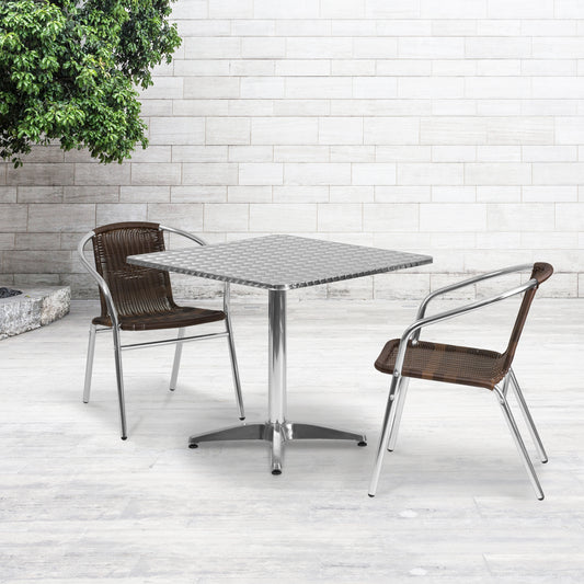 Lila 31.5'' Square Aluminum Indoor-Outdoor Table Set with 2 Dark Brown Rattan Chairs Dark Brown