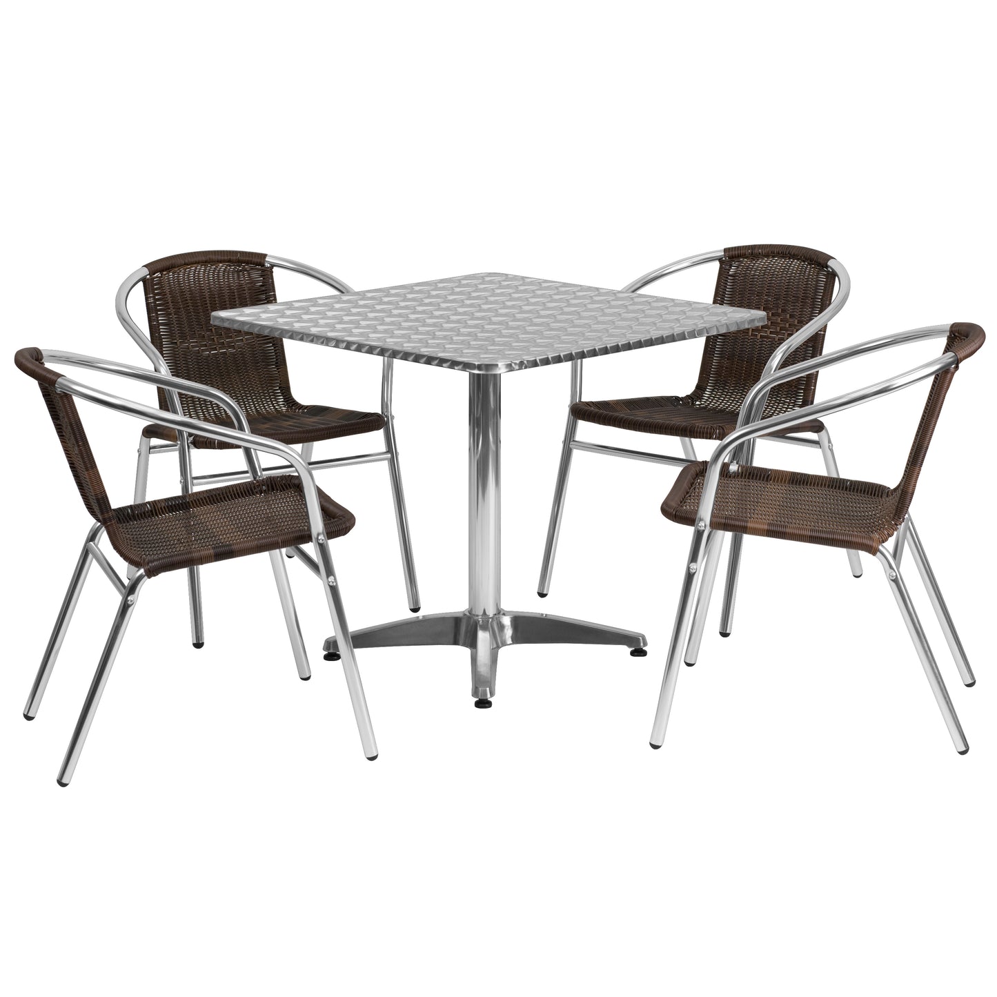 Lila 31.5'' Square Aluminum Indoor-Outdoor Table Set with 4 Dark Brown Rattan Chairs Dark Brown