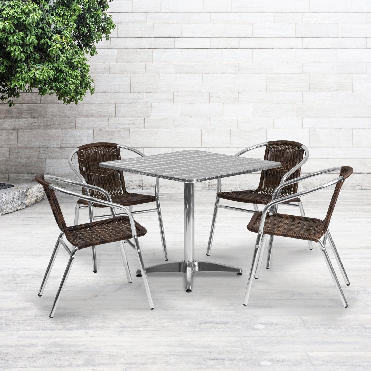 Lila 31.5'' Square Aluminum Indoor-Outdoor Table Set with 4 Dark Brown Rattan Chairs Dark Brown