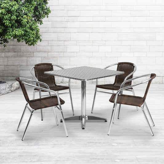 Lila 31.5'' Square Aluminum Indoor-Outdoor Table Set with 4 Dark Brown Rattan Chairs Dark Brown