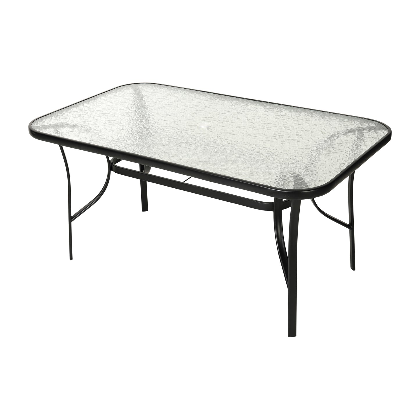 Tory Commercial Grade 35" x 59" Rectangular Patio Table with Tempered Glass Top with Umbrella Hole and Steel Tube Frame in Black Clear Top/Black Frame