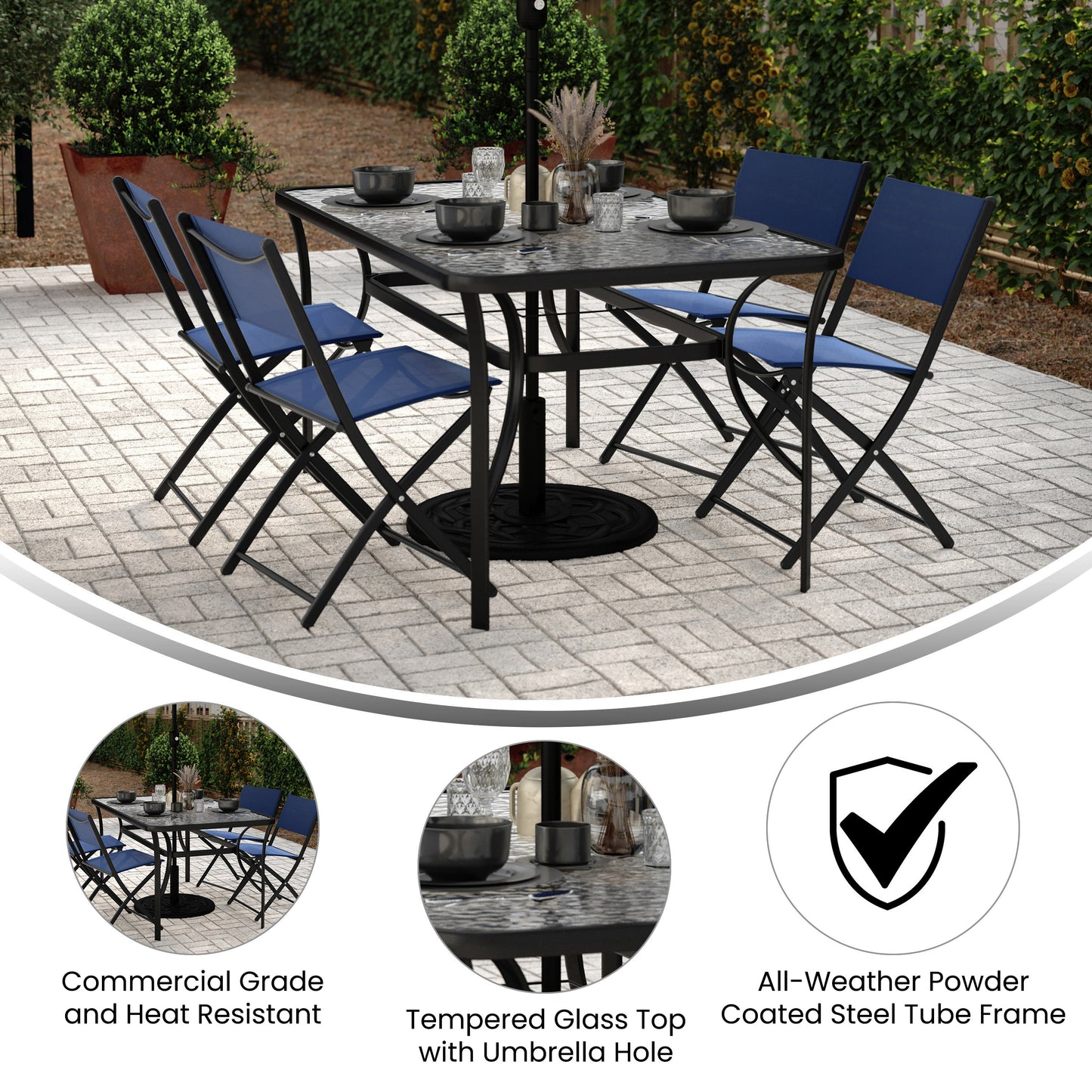 Tory Commercial Grade 35" x 59" Rectangular Patio Table with Tempered Glass Top with Umbrella Hole and Steel Tube Frame in Black Clear Top/Black Frame