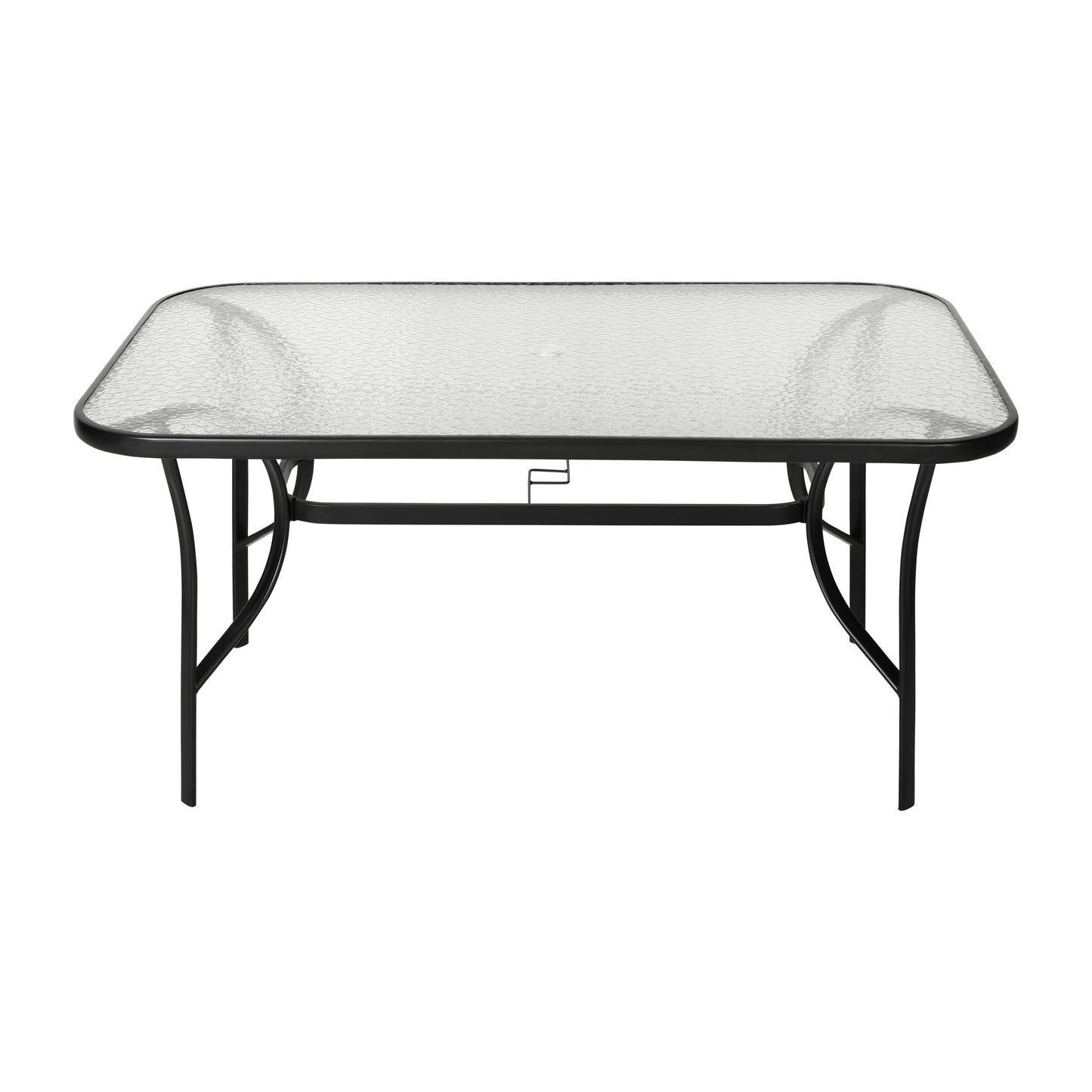 Tory Commercial Grade 35" x 59" Rectangular Patio Table with Tempered Glass Top with Umbrella Hole and Steel Tube Frame in Black Clear Top/Black Frame