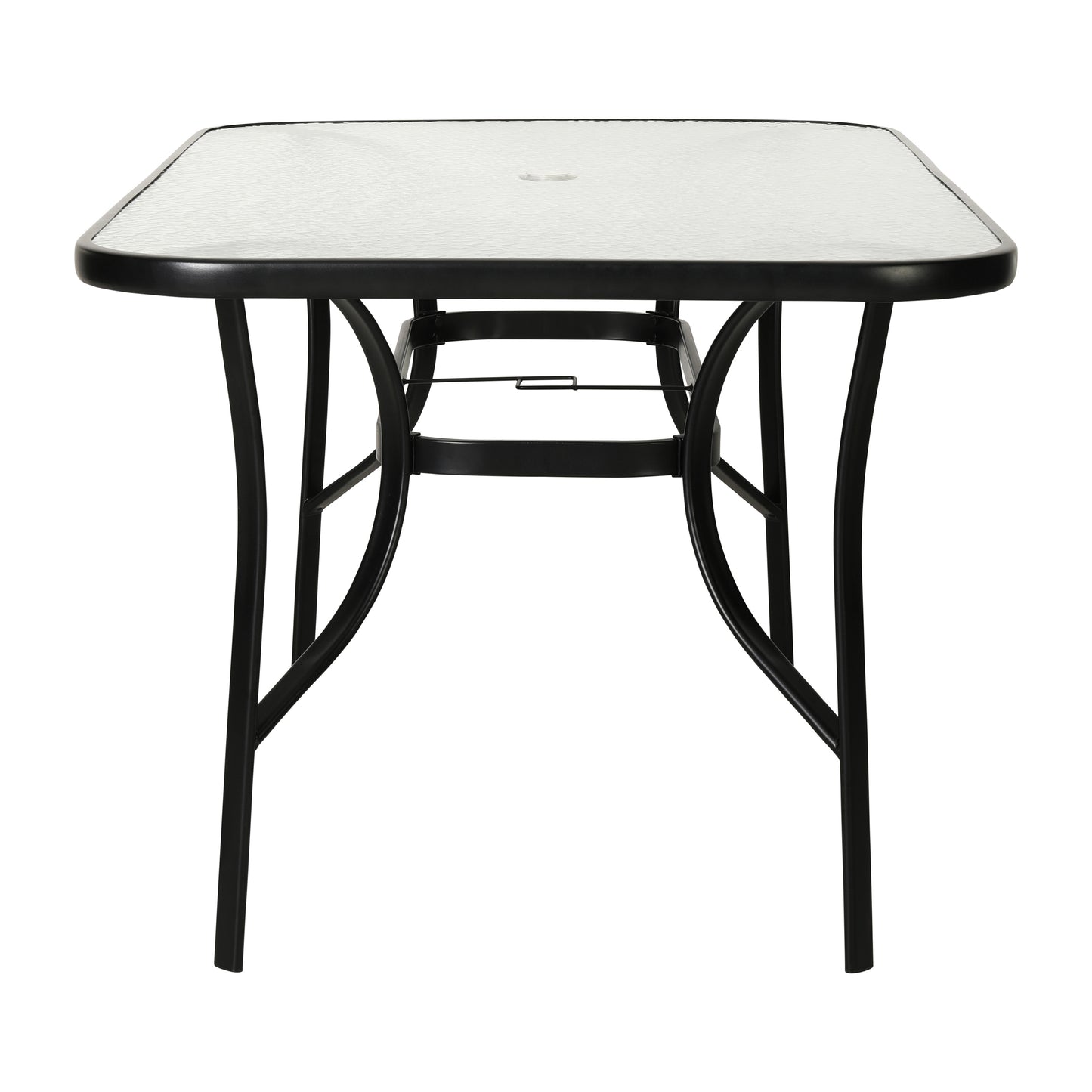 Tory Commercial Grade 35" x 59" Rectangular Patio Table with Tempered Glass Top with Umbrella Hole and Steel Tube Frame in Black Clear Top/Black Frame