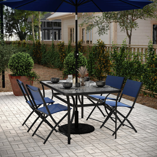 Tory Commercial Grade 35" x 59" Rectangular Patio Table with Tempered Glass Top with Umbrella Hole and Steel Tube Frame in Black Clear Top/Black Frame
