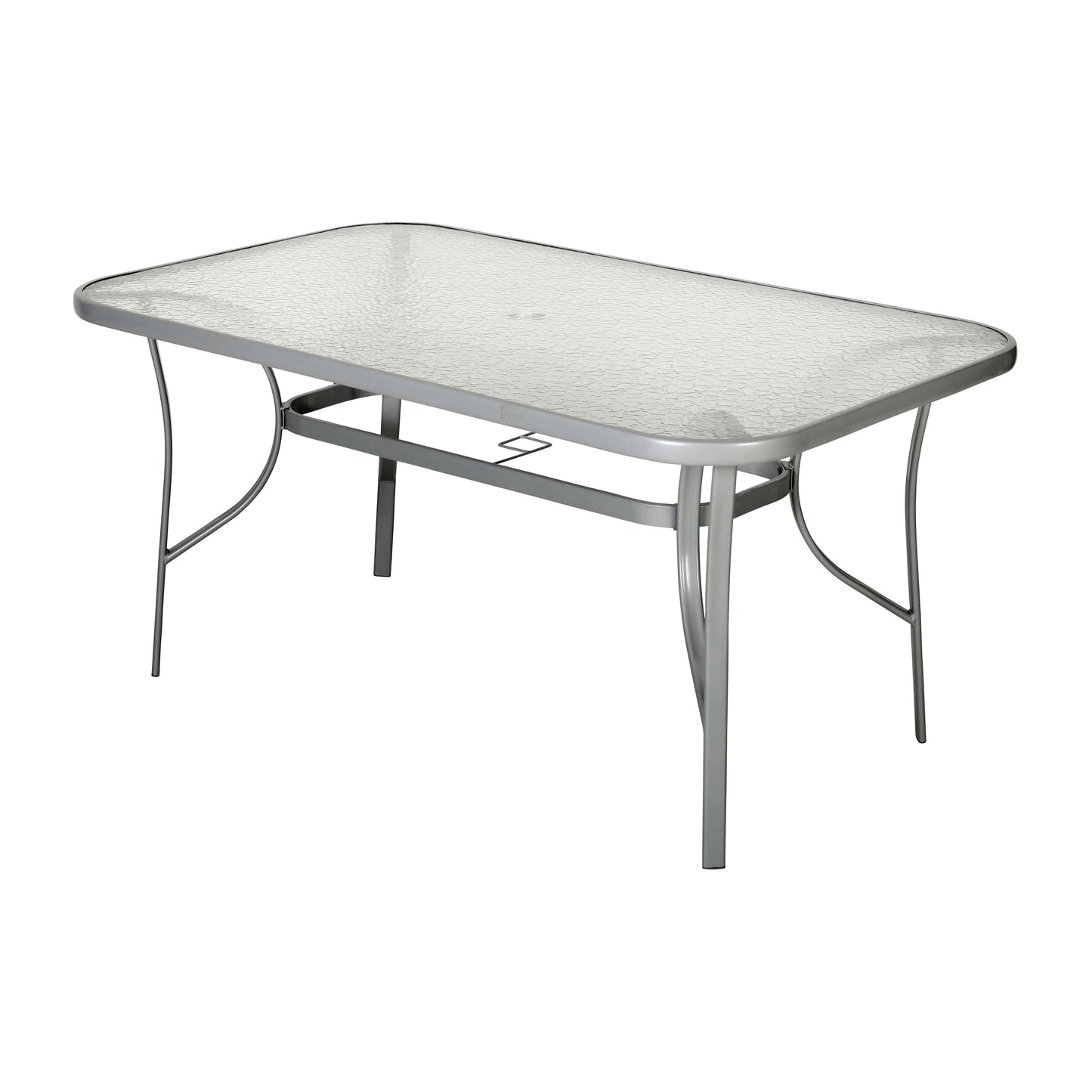 Tory Commercial Grade 35" x 59" Rectangular Patio Table with Tempered Glass Top with Umbrella Hole and Steel Tube Frame in Silver Clear Top/Silver Frame
