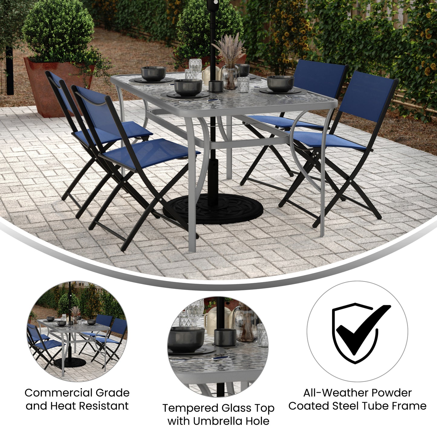 Tory Commercial Grade 35" x 59" Rectangular Patio Table with Tempered Glass Top with Umbrella Hole and Steel Tube Frame in Silver Clear Top/Silver Frame