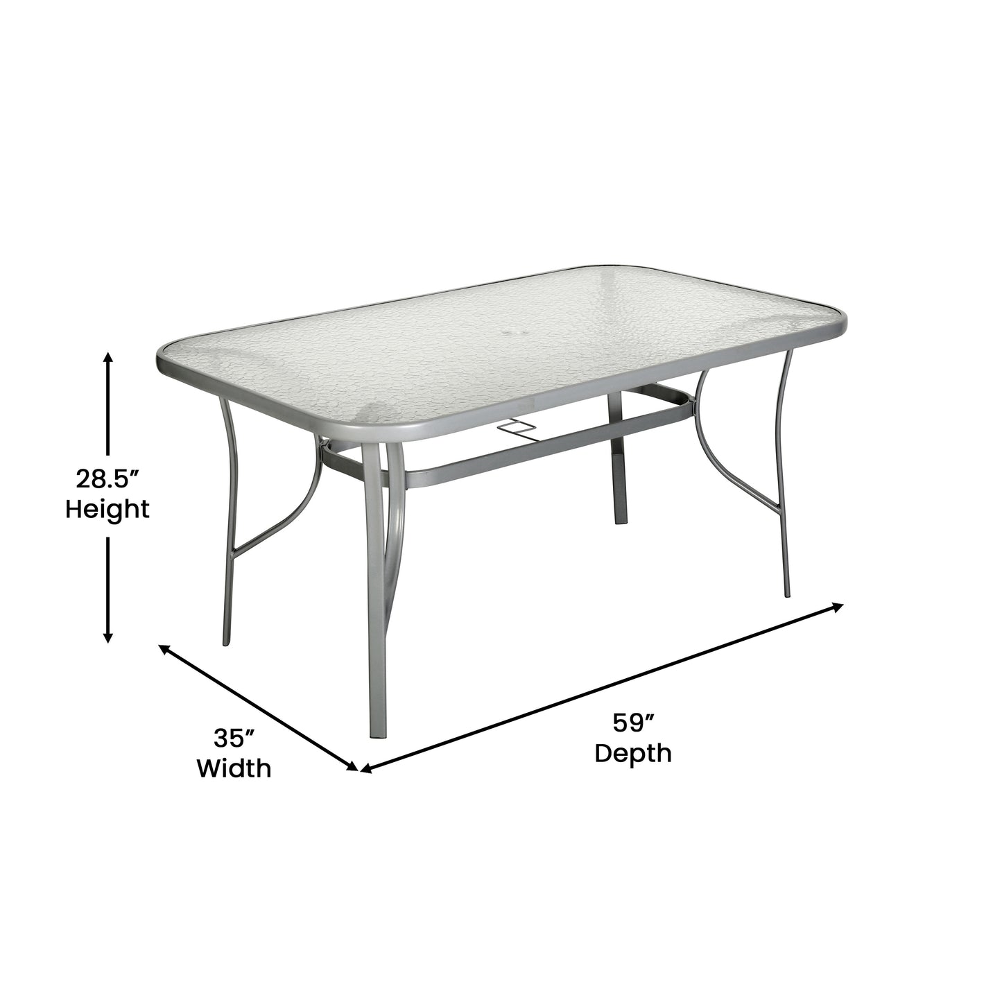 Tory Commercial Grade 35" x 59" Rectangular Patio Table with Tempered Glass Top with Umbrella Hole and Steel Tube Frame in Silver Clear Top/Silver Frame