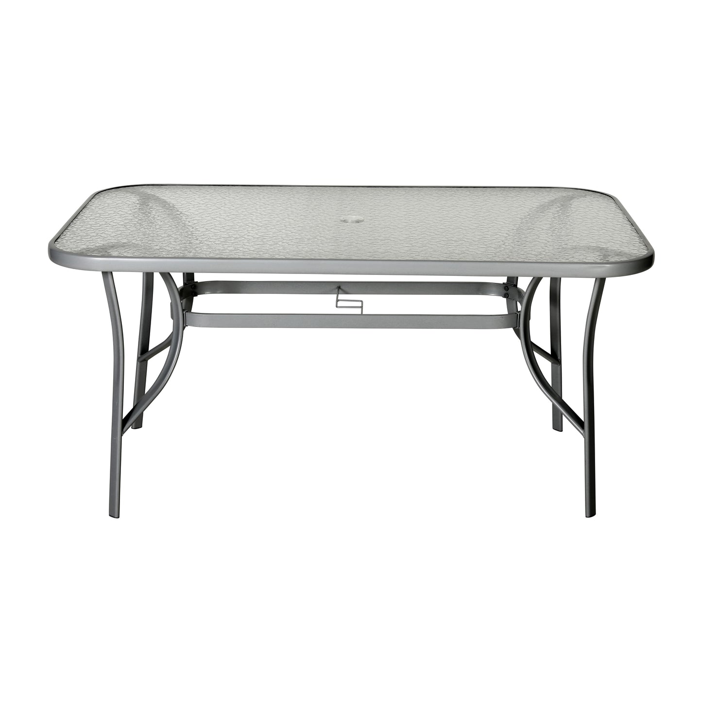 Tory Commercial Grade 35" x 59" Rectangular Patio Table with Tempered Glass Top with Umbrella Hole and Steel Tube Frame in Silver Clear Top/Silver Frame