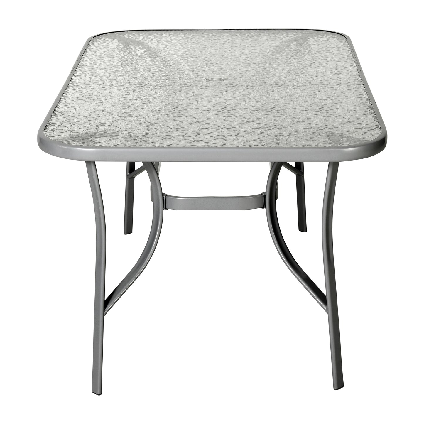 Tory Commercial Grade 35" x 59" Rectangular Patio Table with Tempered Glass Top with Umbrella Hole and Steel Tube Frame in Silver Clear Top/Silver Frame
