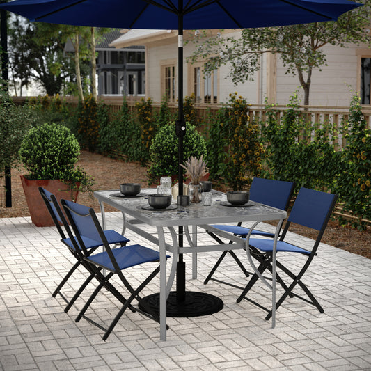 Tory Commercial Grade 35" x 59" Rectangular Patio Table with Tempered Glass Top with Umbrella Hole and Steel Tube Frame in Silver Clear Top/Silver Frame