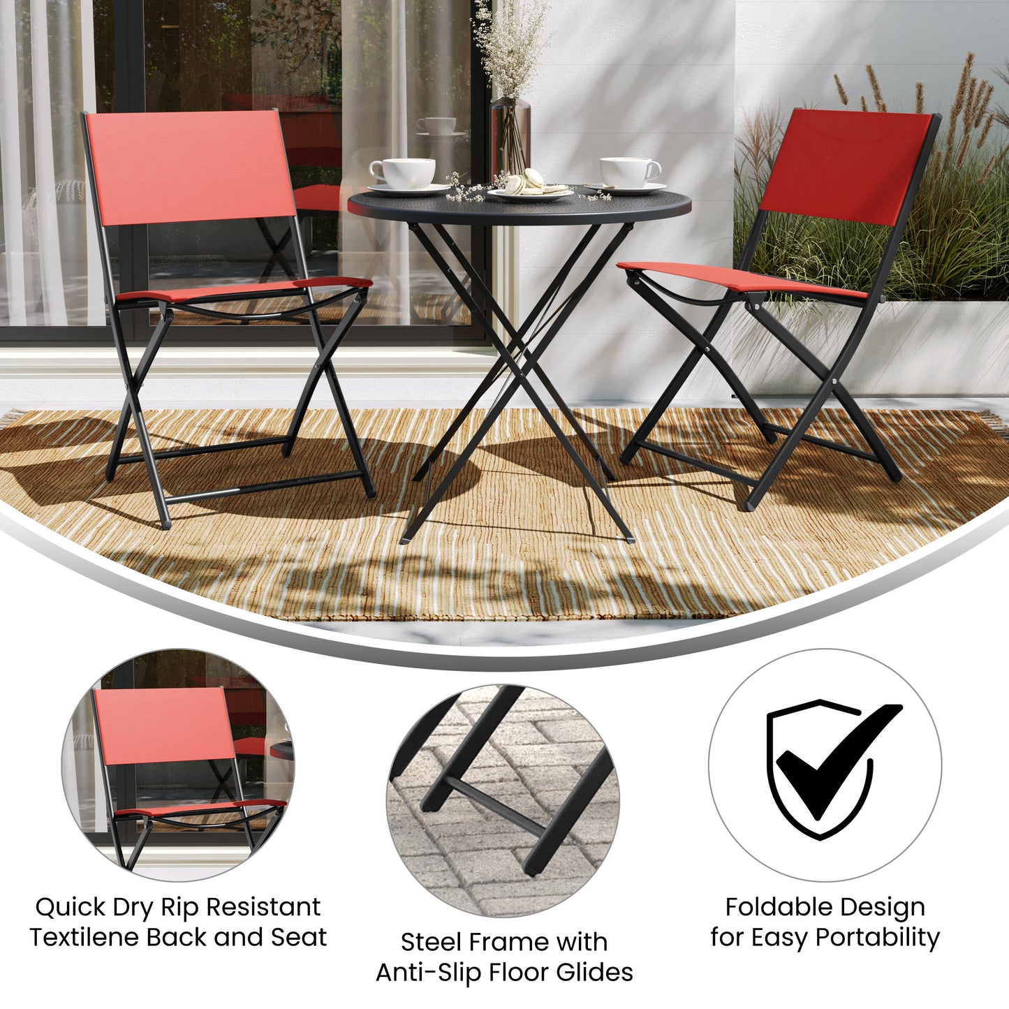 Brazos Set of 2 Commercial Grade Indoor/Outdoor Folding Chairs with Red Flex Comfort Material Backs and Seats and Black Metal Frames Red
