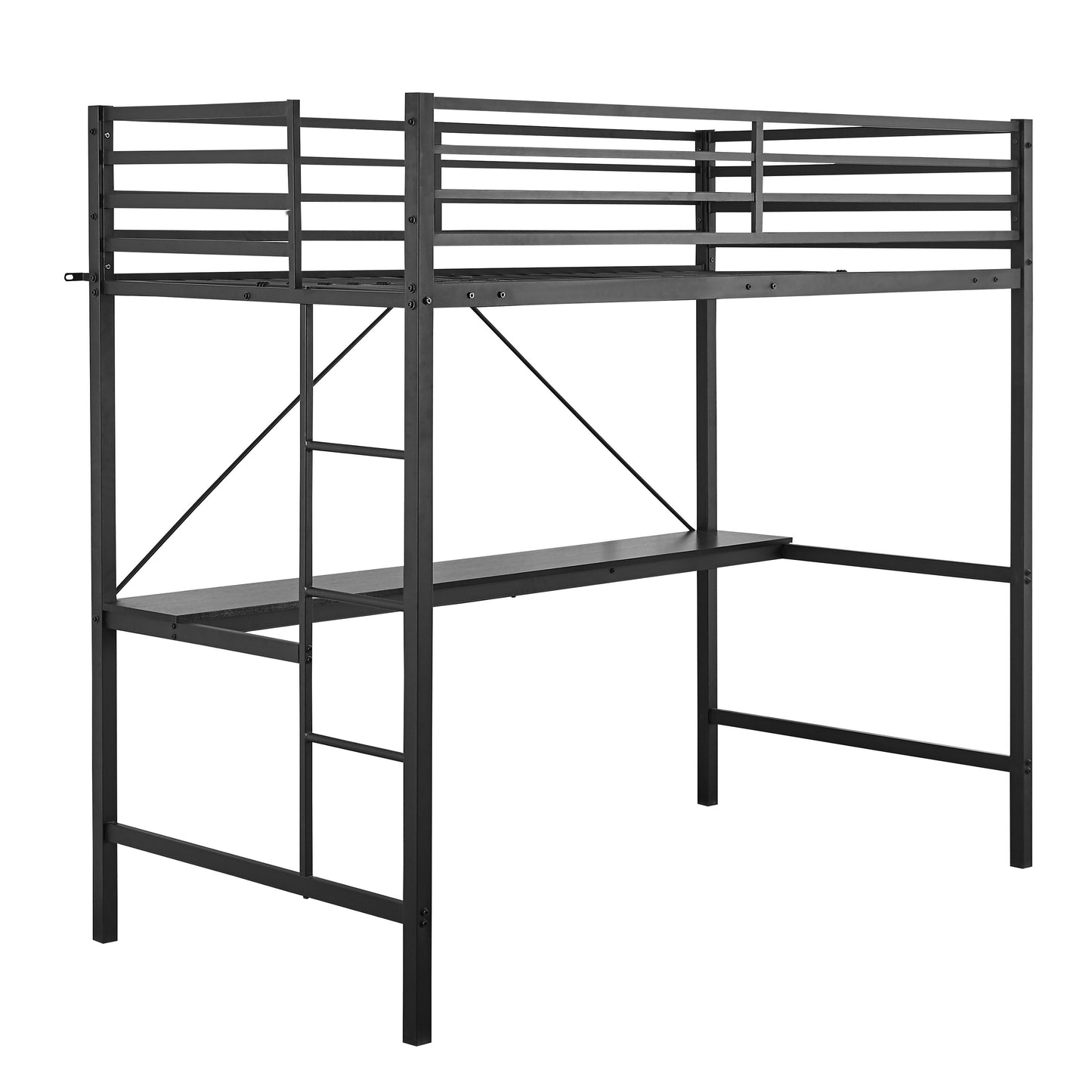 Jake Loft Bed Frame with Desk, Twin Size Metal Bed Frame with Protective Guard Rails & Ladder for Kids, Teens and Adults - Black Black