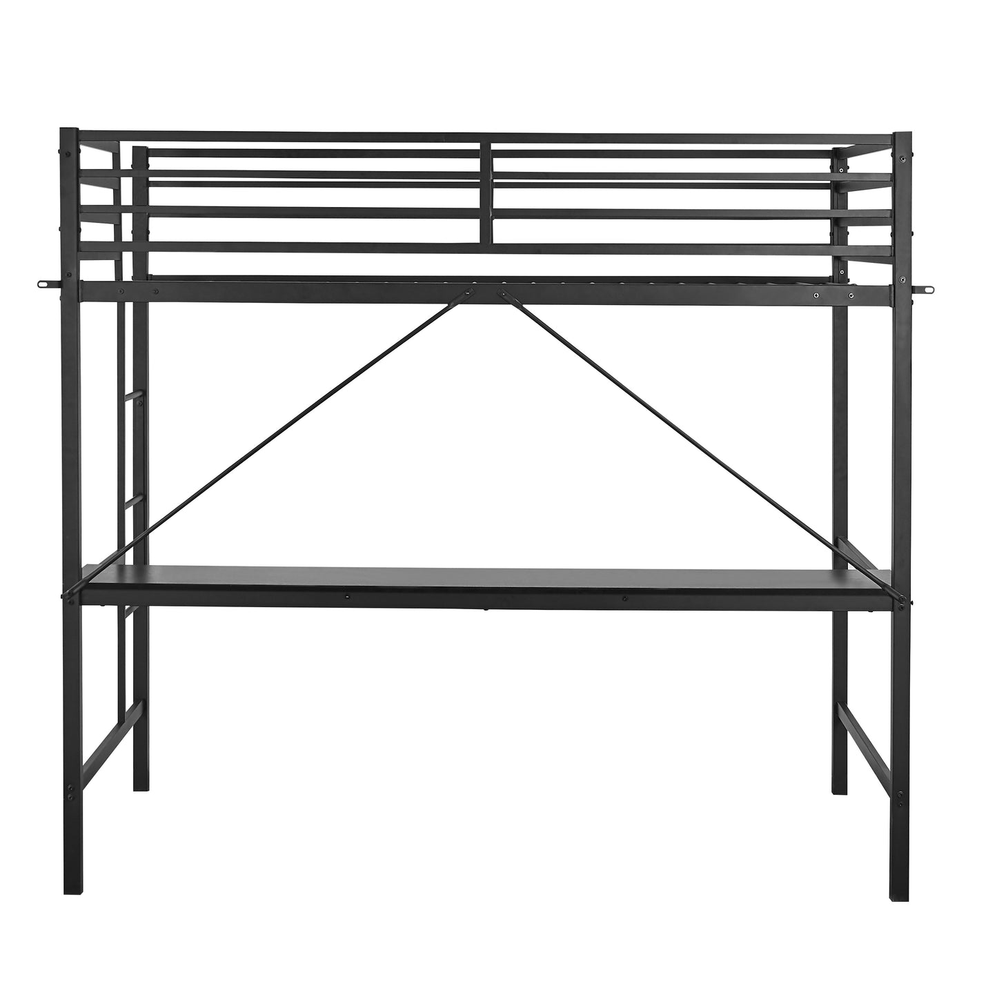 Jake Loft Bed Frame with Desk, Twin Size Metal Bed Frame with Protective Guard Rails & Ladder for Kids, Teens and Adults - Black Black