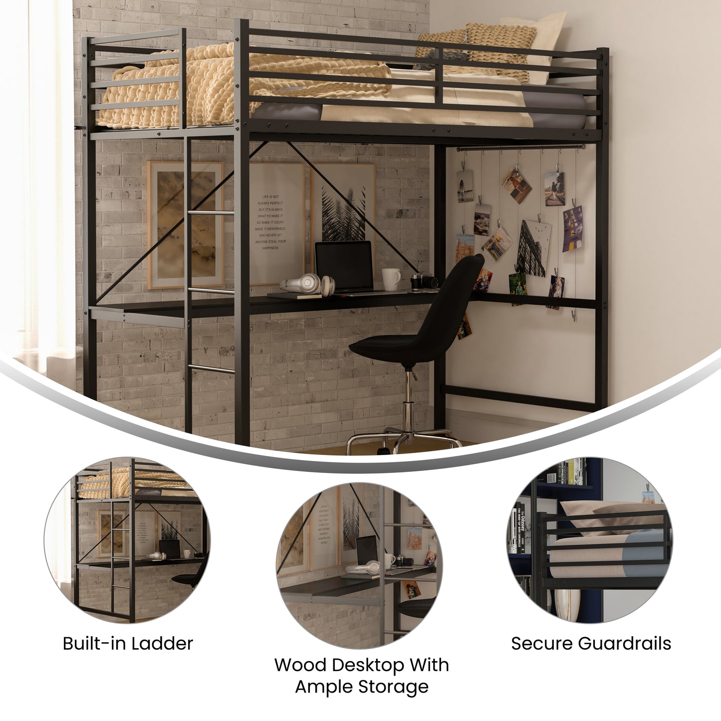 Jake Loft Bed Frame with Desk, Twin Size Metal Bed Frame with Protective Guard Rails & Ladder for Kids, Teens and Adults - Black Black
