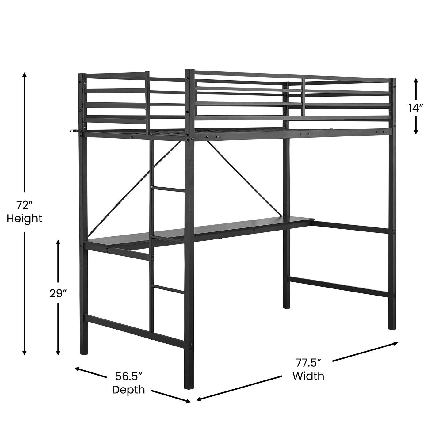Jake Loft Bed Frame with Desk, Twin Size Metal Bed Frame with Protective Guard Rails & Ladder for Kids, Teens and Adults - Black Black
