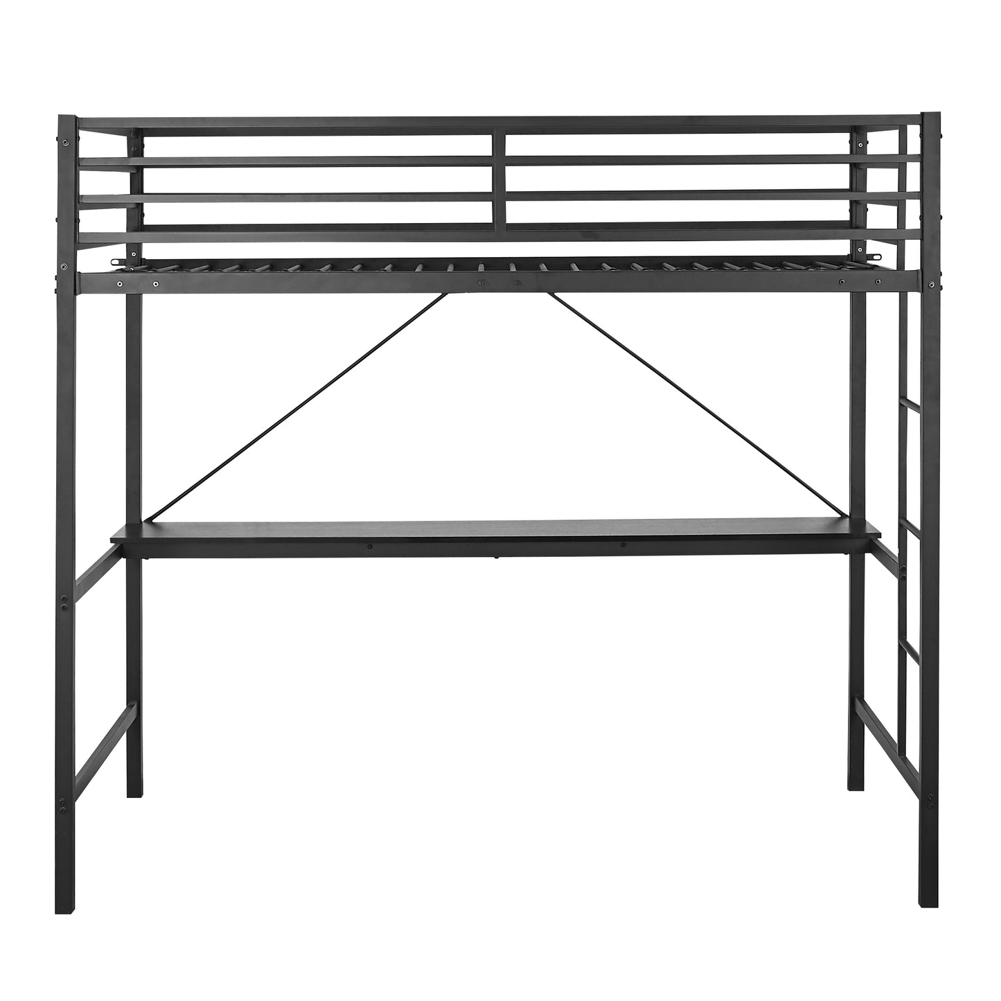 Jake Loft Bed Frame with Desk, Twin Size Metal Bed Frame with Protective Guard Rails & Ladder for Kids, Teens and Adults - Black Black