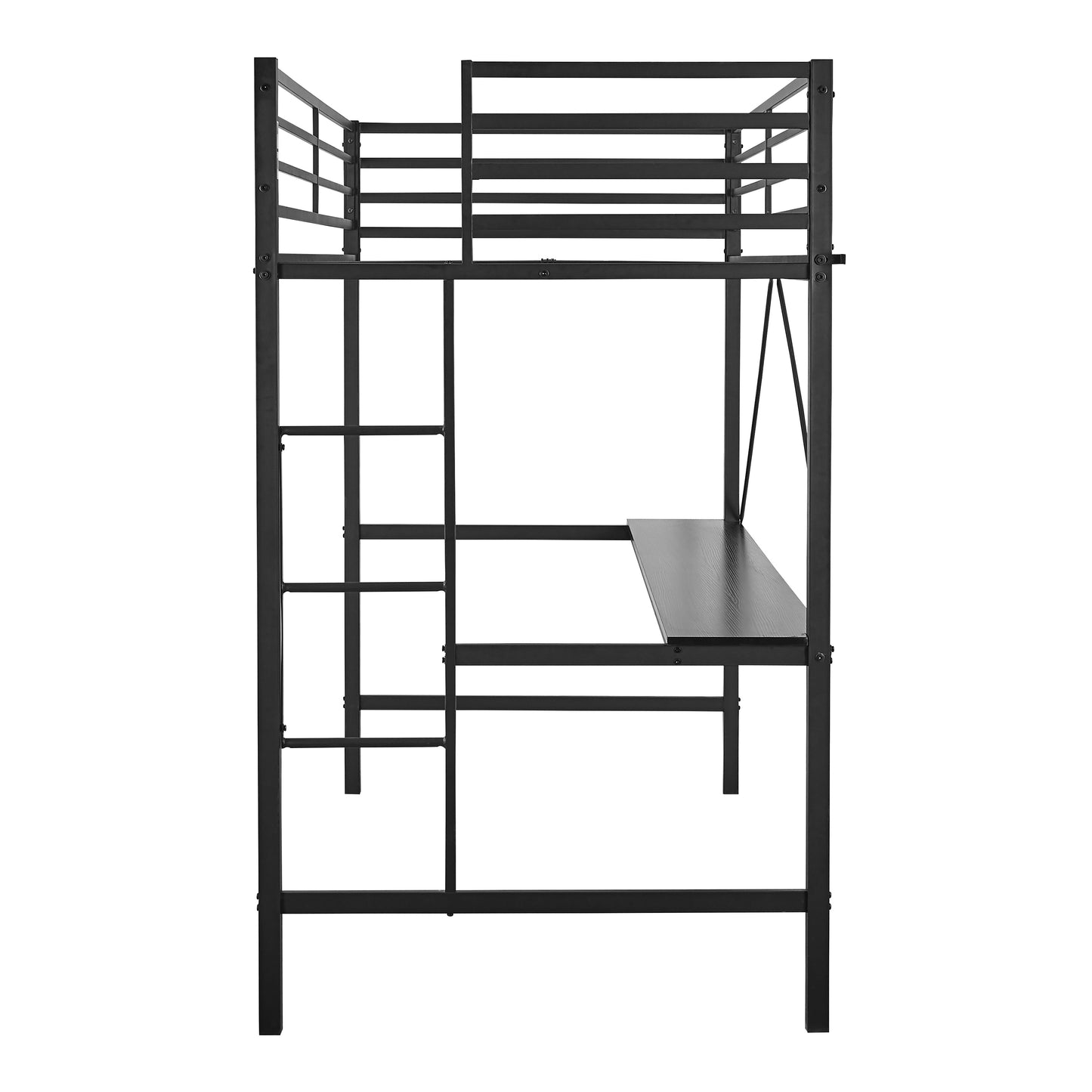 Jake Loft Bed Frame with Desk, Twin Size Metal Bed Frame with Protective Guard Rails & Ladder for Kids, Teens and Adults - Black Black