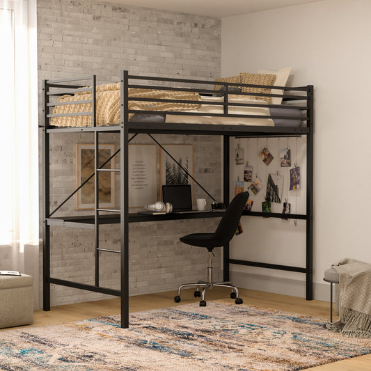 Jake Loft Bed Frame with Desk, Twin Size Metal Bed Frame with Protective Guard Rails & Ladder for Kids, Teens and Adults - Black Black TLN-YH0226-T-BLK-GG