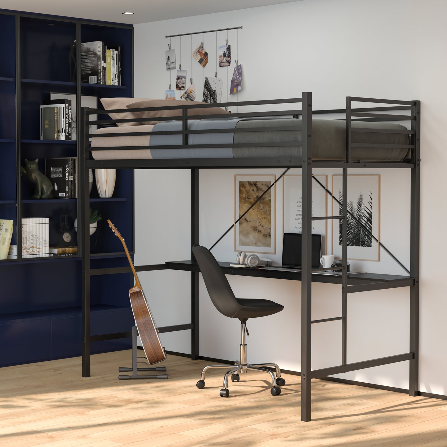 Jake Loft Bed Frame with Desk, Twin Size Metal Bed Frame with Protective Guard Rails & Ladder for Kids, Teens and Adults - Black Black