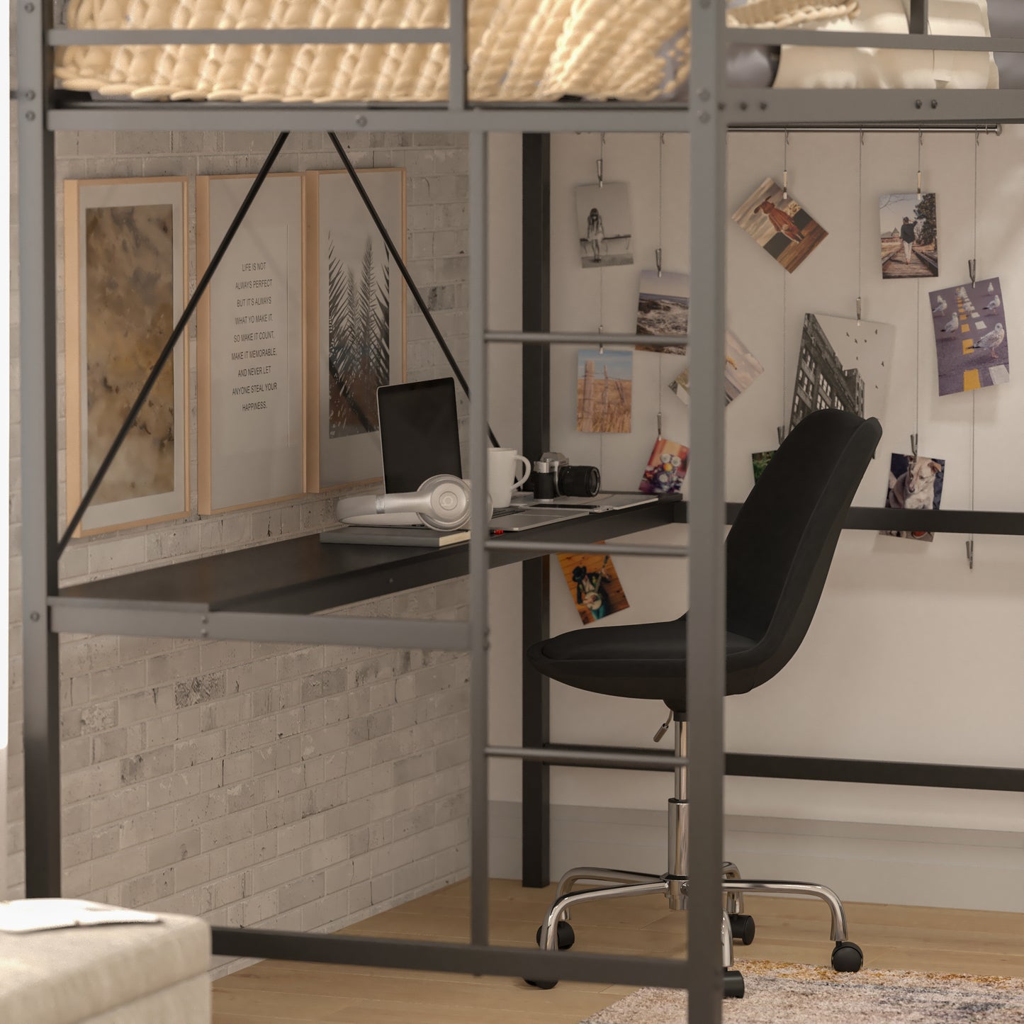 Jake Loft Bed Frame with Desk, Twin Size Metal Bed Frame with Protective Guard Rails & Ladder for Kids, Teens and Adults - Black Black
