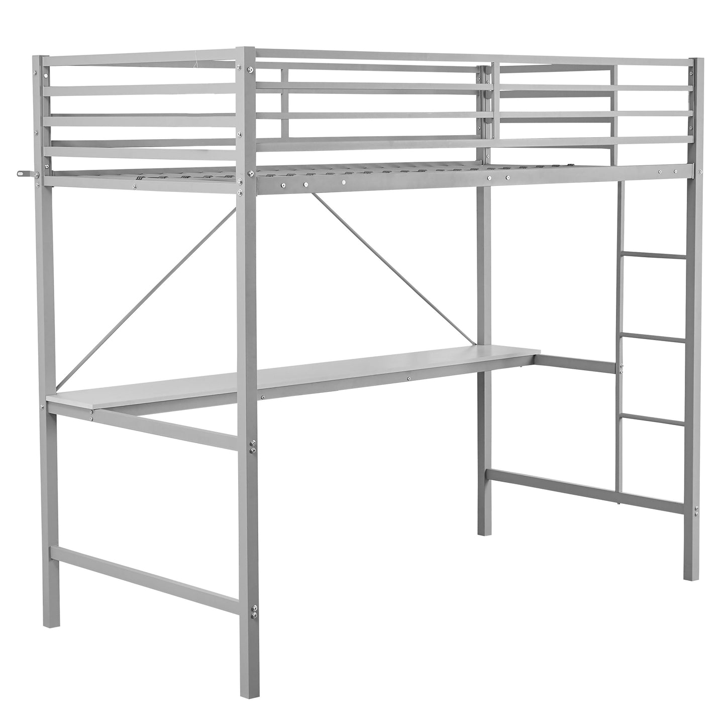 Jake Loft Bed Frame with Desk, Twin Size Metal Bed Frame with Protective Guard Rails & Ladder for Kids, Teens and Adults - Gray Gray