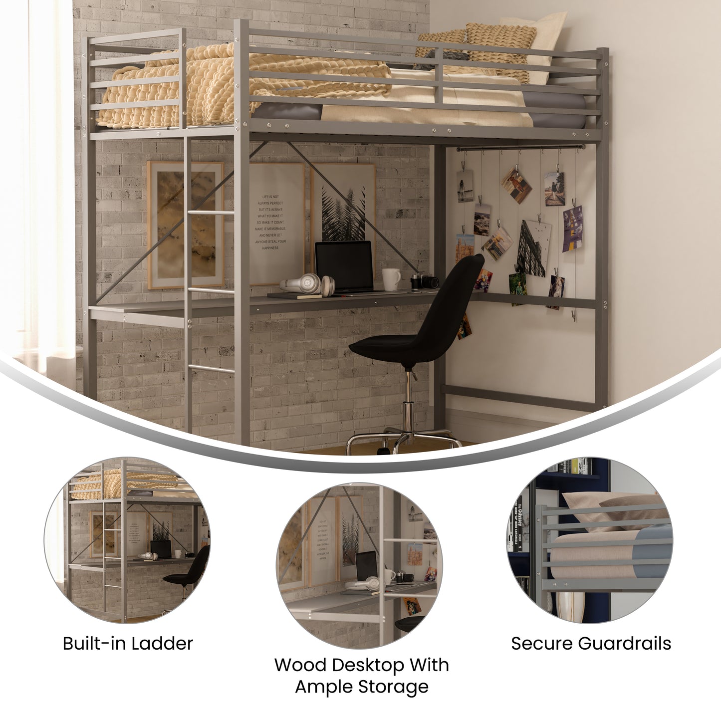 Jake Loft Bed Frame with Desk, Twin Size Metal Bed Frame with Protective Guard Rails & Ladder for Kids, Teens and Adults - Gray Gray