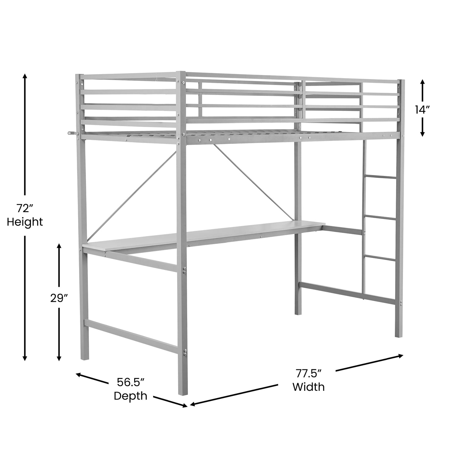 Jake Loft Bed Frame with Desk, Twin Size Metal Bed Frame with Protective Guard Rails & Ladder for Kids, Teens and Adults - Gray Gray
