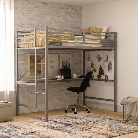 Jake Loft Bed Frame with Desk, Twin Size Metal Bed Frame with Protective Guard Rails & Ladder for Kids, Teens and Adults - Gray Gray TLN-YH0226-T-GRY-GG